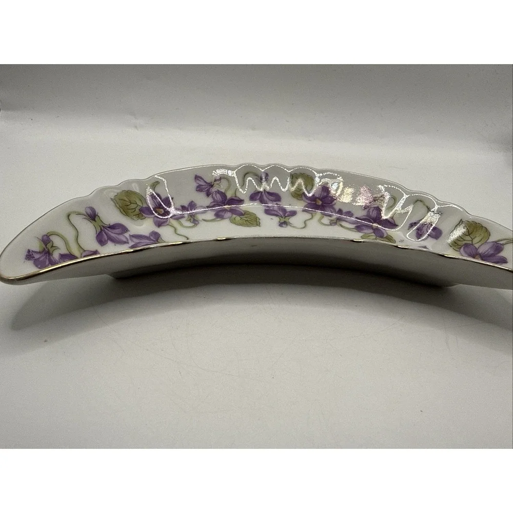 Vintage Crescent Moon Shape Trinket Dish, Purple Gold Floral Made in Germany